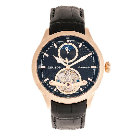 Heritor Automatic Gregory Semi-Skeleton Leather-Band Watch - Rose Gold/Black - HERHR8105