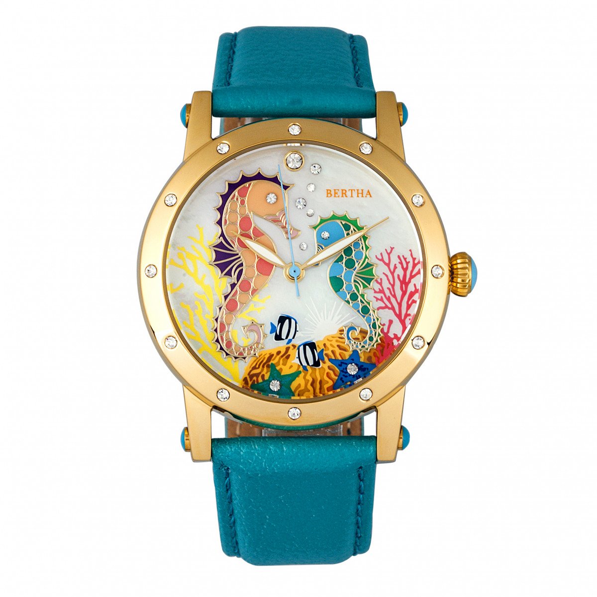 Bertha Morgan MOP Leather-Band Ladies Watch - Gold/Turquoise - BTHBR4203