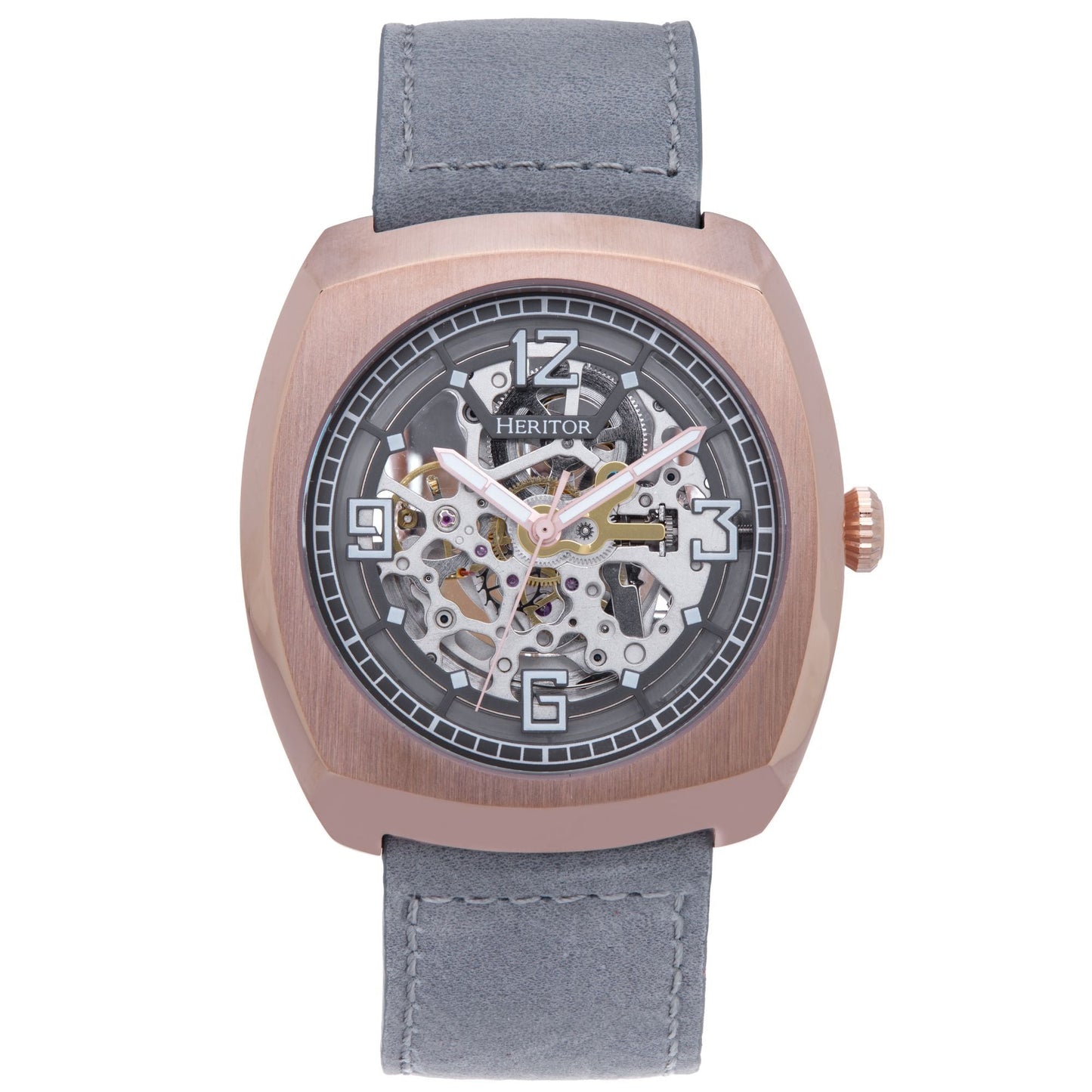 Heritor Automatic Gatling Skeletonized Leather-Band Watch - Rose Gold/Gray - HERHS2304