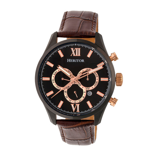 Heritor Automatic Benedict Leather-Band Watch w/ Day/Date - Black/Dark Brown - HERHR6806