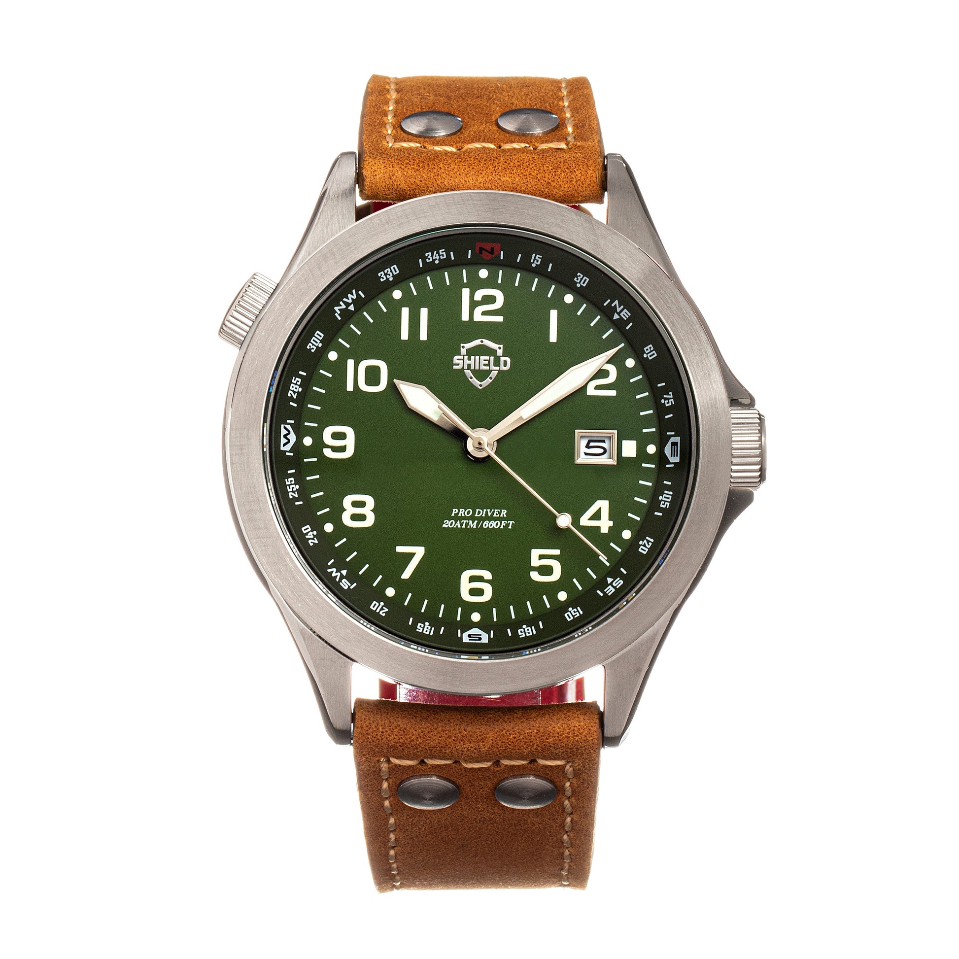 Shield Palau Leather-Band Men's Diver Watch w/Date - Silver/Green - SLDSH104-4