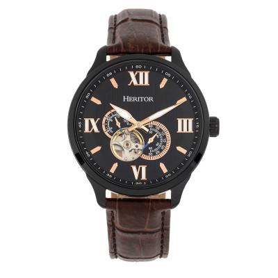 Heritor Automatic Harding Semi-Skeleton Leather-Band Watch