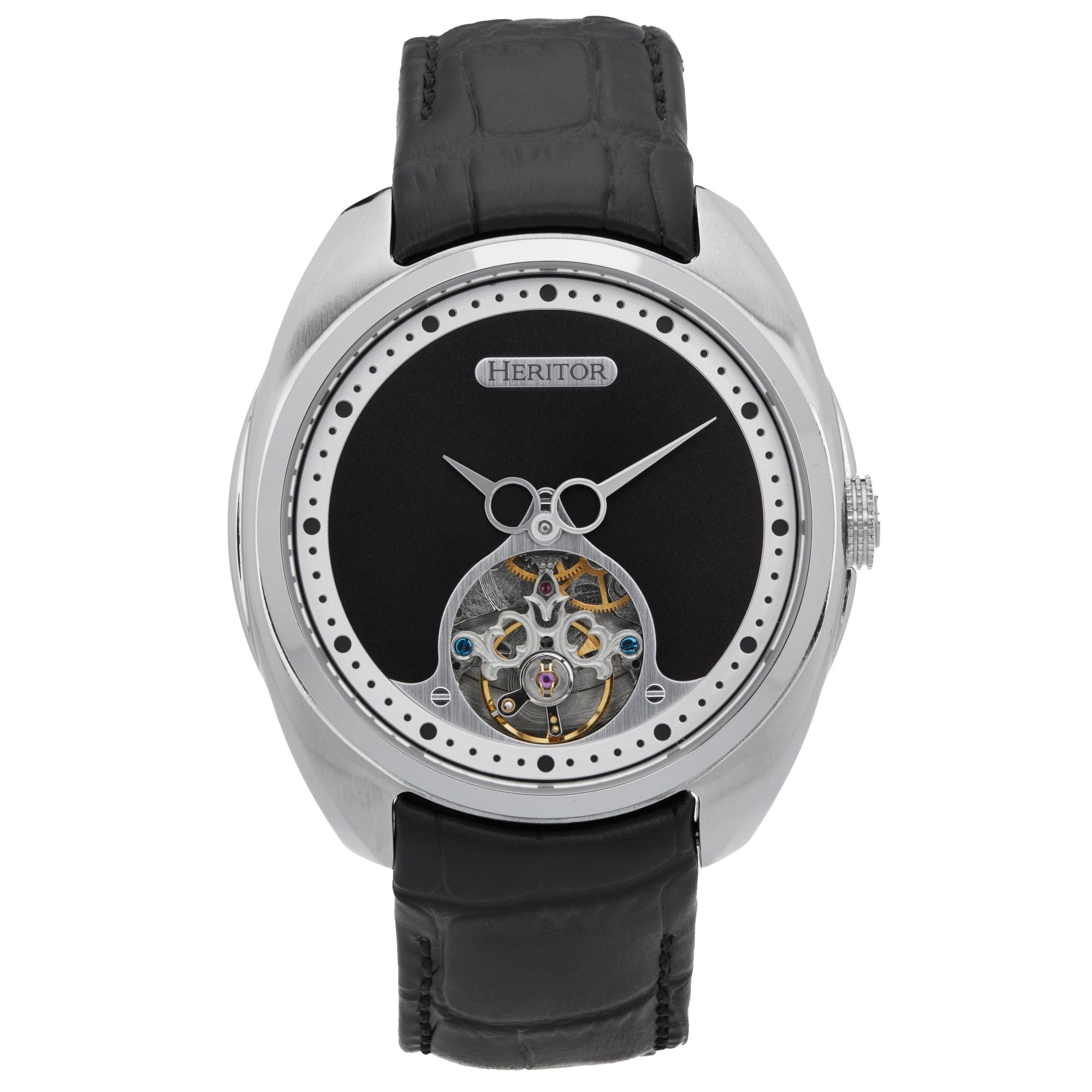 Heritor Automatic Roman Semi-Skeleton Leather-Band Watch - Silver/Black - HERHS2201