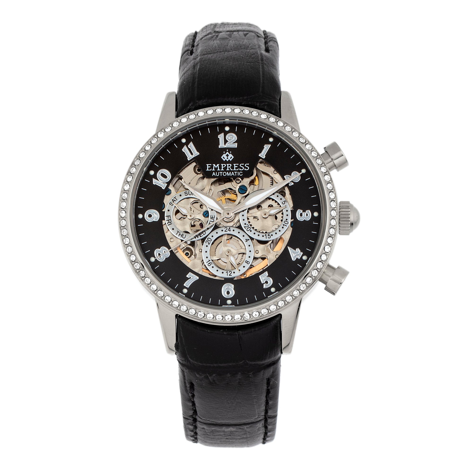 Empress Beatrice Automatic Skeleton Dial Leather-Band Watch w/Day/Date - Silver/Black - EMPEM2002