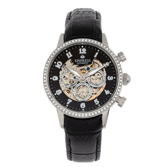 Empress Beatrice Automatic Skeleton Dial Leather-Band Watch w/Day/Date - Silver/Black - EMPEM2002