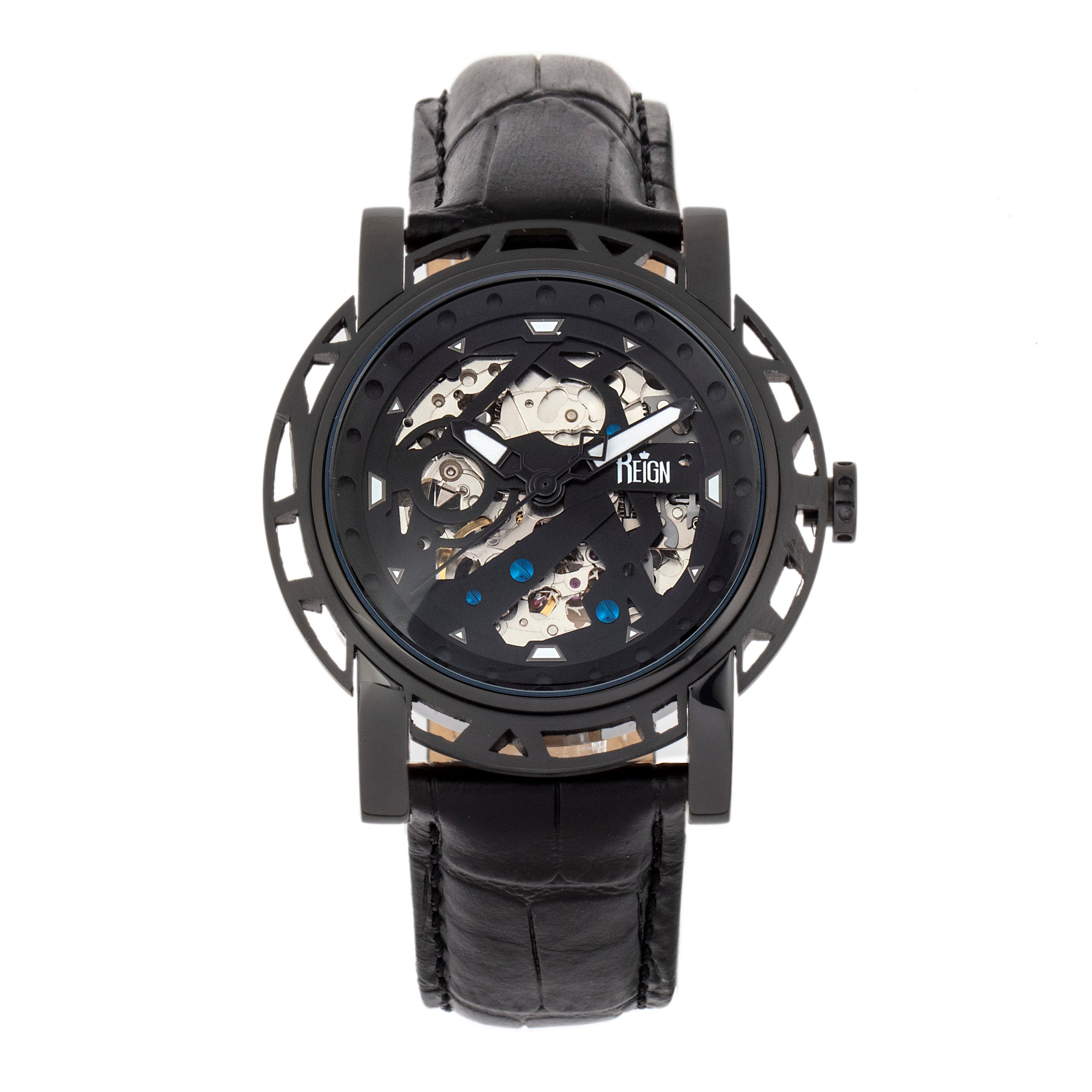 Reign Stavros Automatic Skeleton Leather-Band Watch - Black - REIRN3705