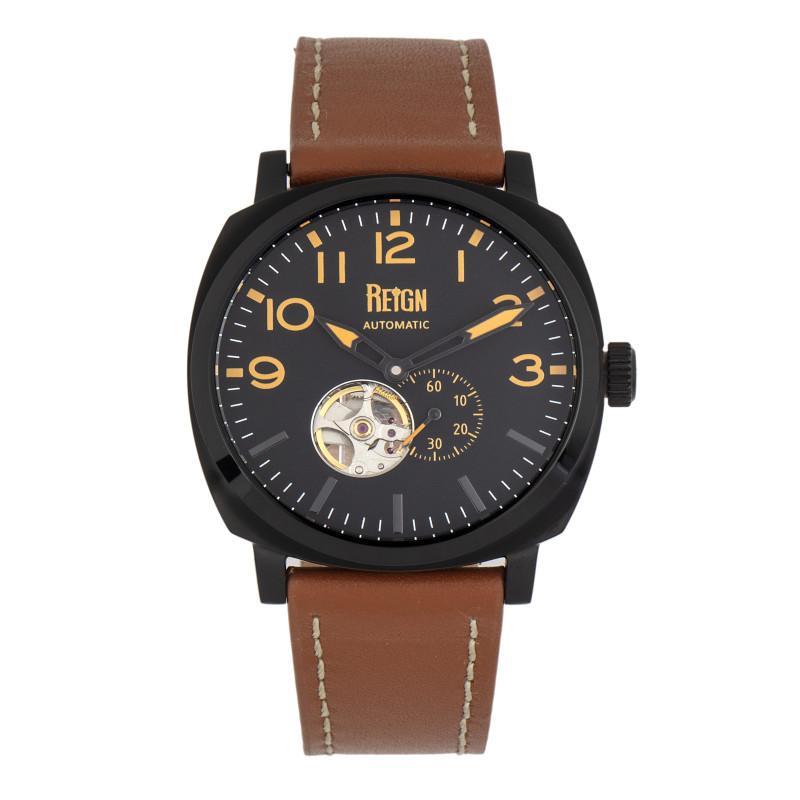 Reign Napoleon Automatic Semi-Skeleton Leather-Band Watch