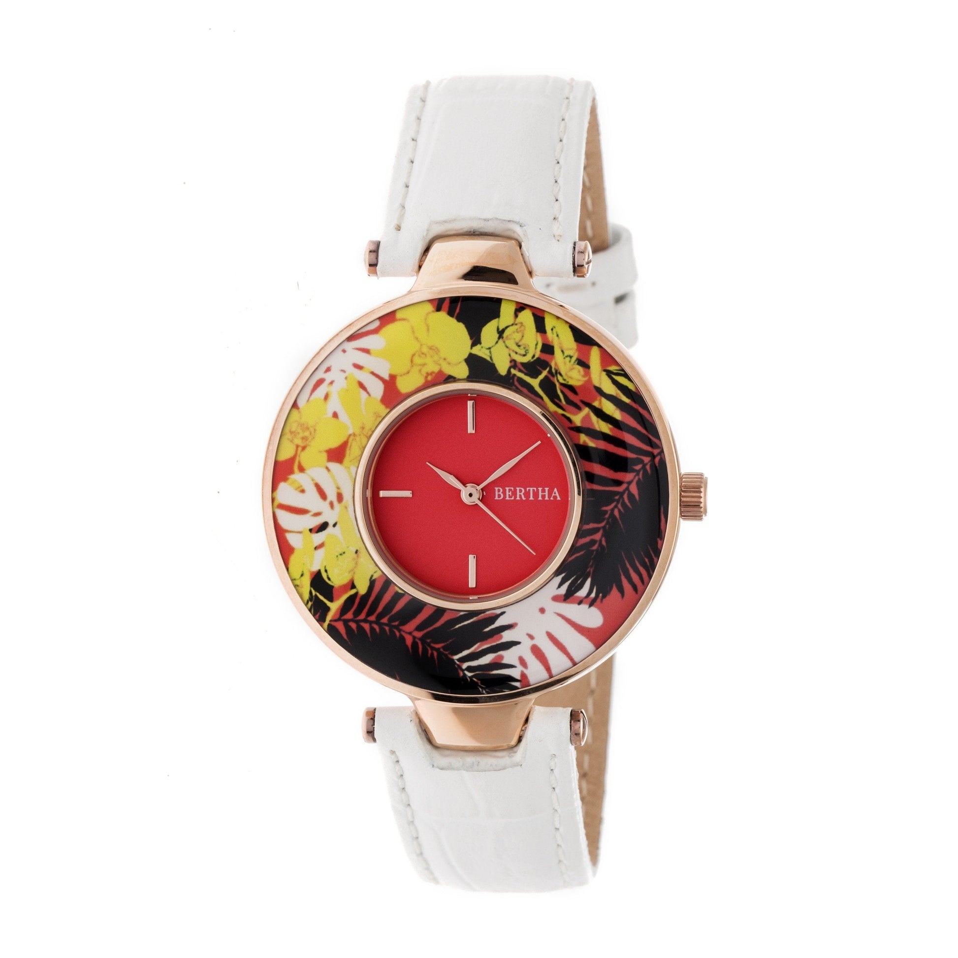 Bertha Elizabeth Unique Bezel Leather-Band Watch - Rose Gold/Coral - BTHBR6606