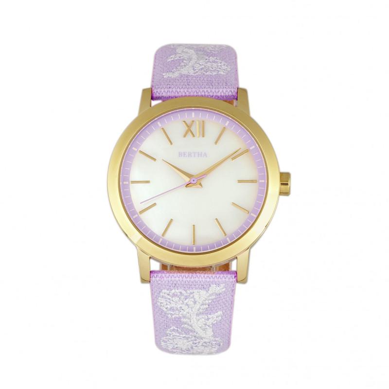 Bertha Penelope MOP Nylon-Overlaid Leather-Band Watch