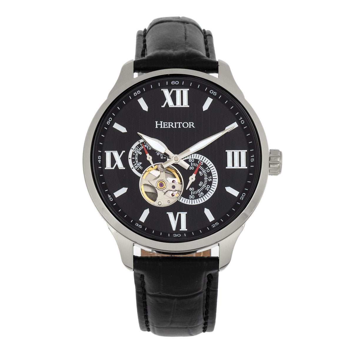 Heritor Automatic Harding Semi-Skeleton Leather-Band Watch - Silver/Black - HERHR9002