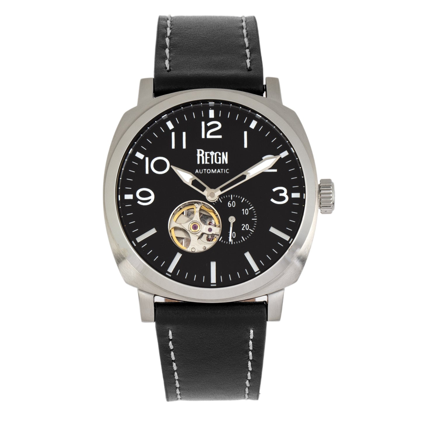 Reign Napoleon Automatic Semi-Skeleton Leather-Band Watch - Silver/Black - REIRN5801