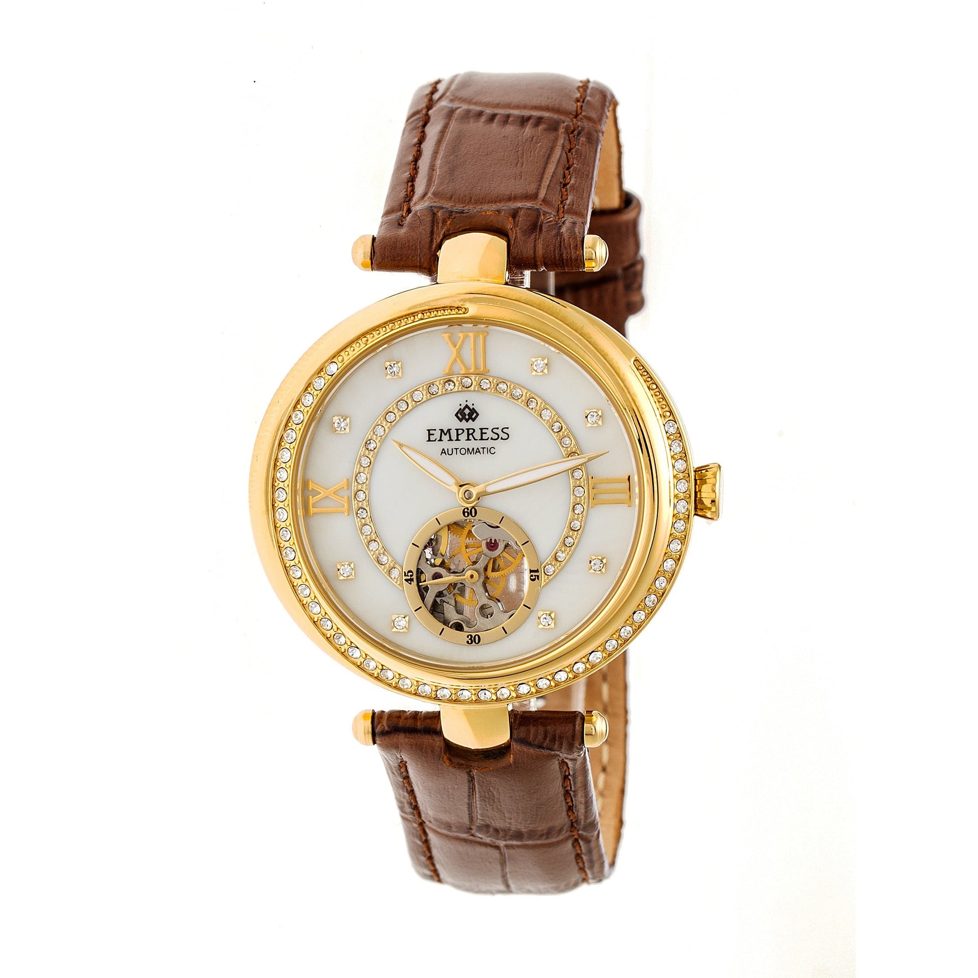 Empress Stella Automatic Semi-Skeleton MOP Leather-Band Watch - Brown/White - EMPEM2104