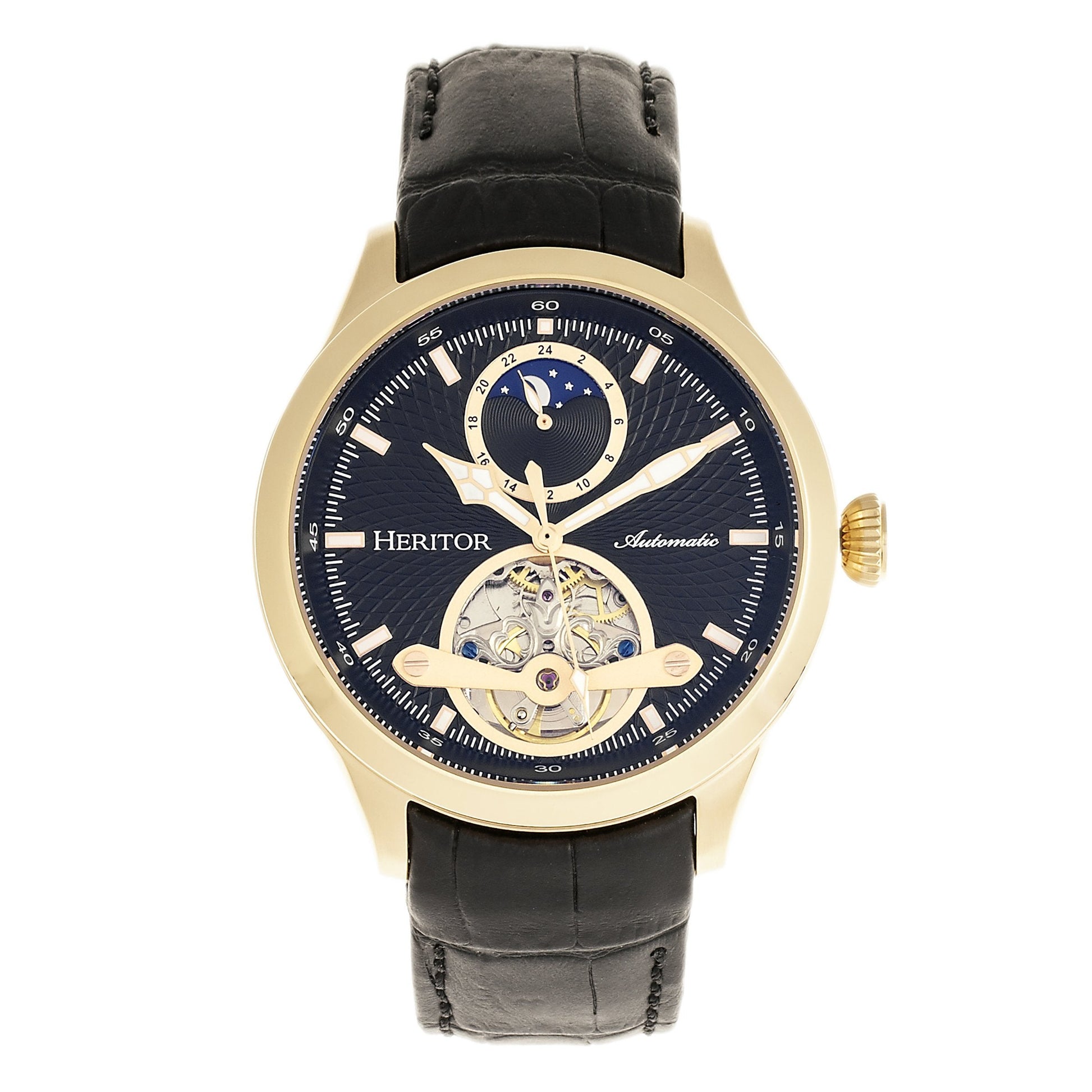 Heritor Automatic Gregory Semi-Skeleton Leather-Band Watch - Gold/Black - HERHR8104