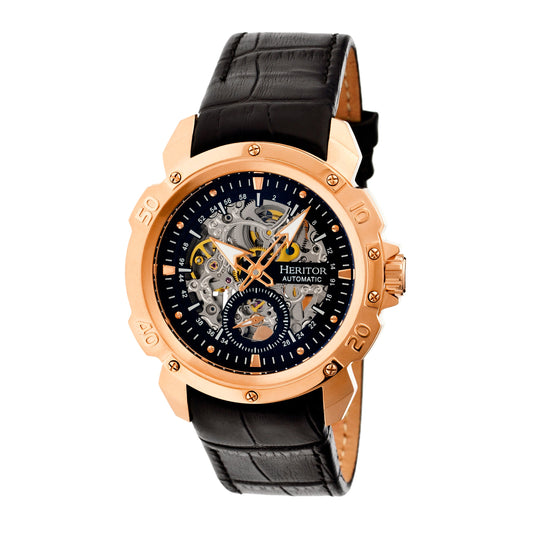 Heritor Automatic Conrad Skeleton Leather-Band Watch - Rose Gold/Black - HERHR2506