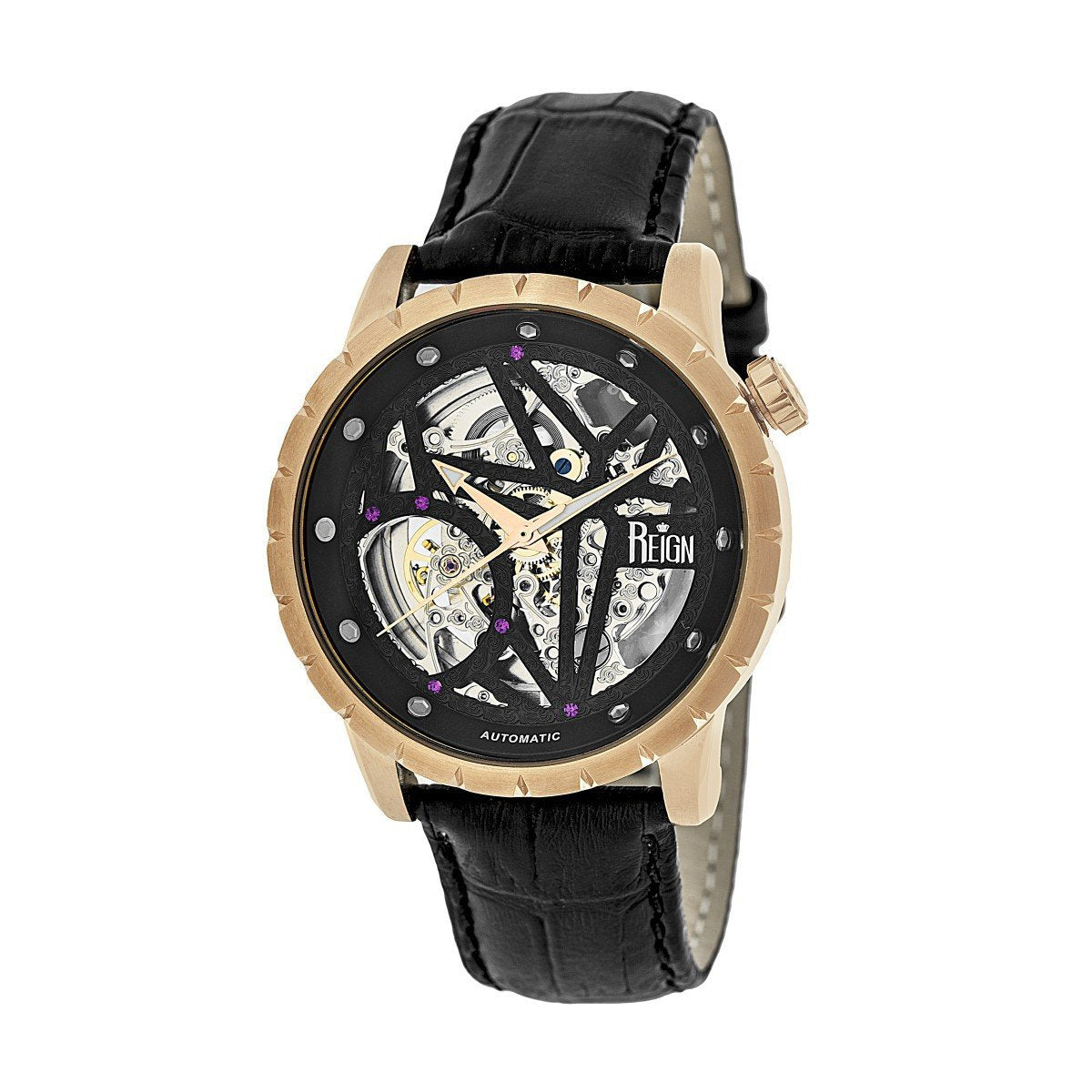 Reign Xavier Automatic Skeleton Leather-Band Watch - Rose Gold/Black - REIRN3906