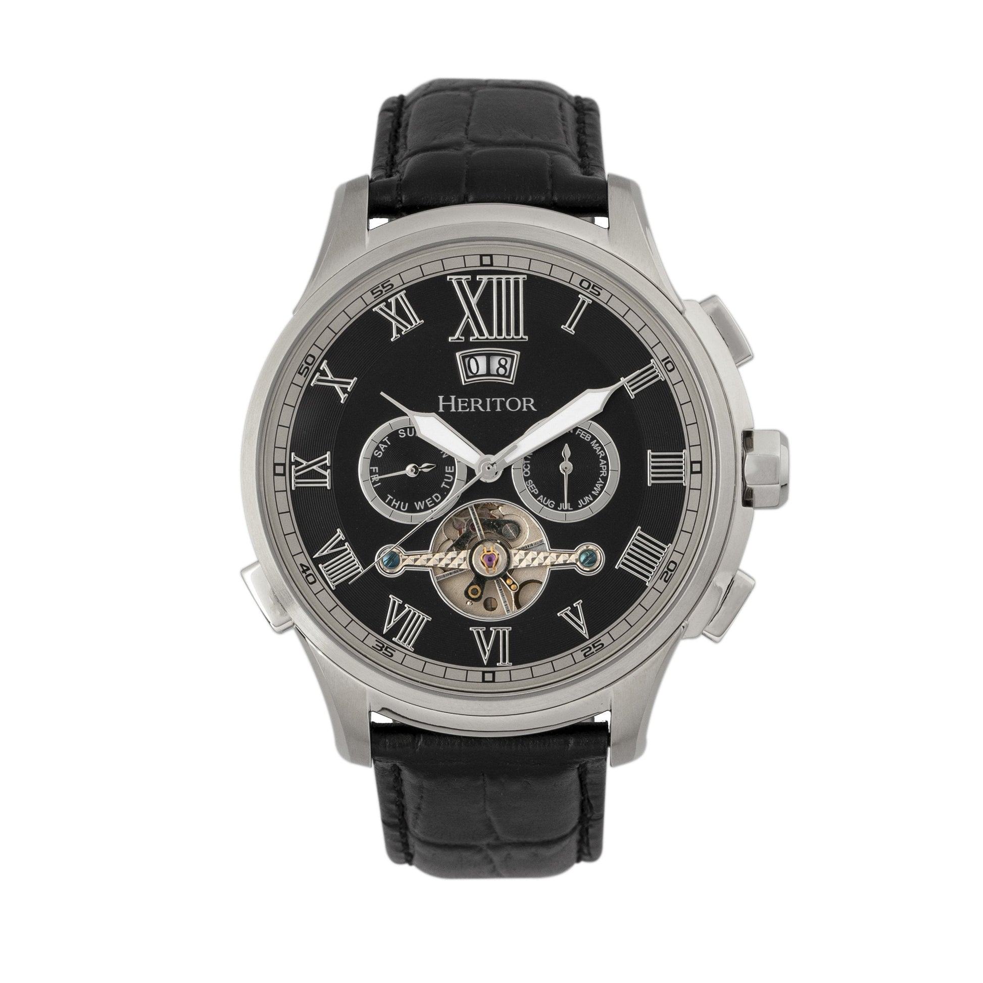 Heritor Automatic Hudson Semi-Skeleton Leather-Band Watch w/Day/Date - Black/Silver - HERHR7502