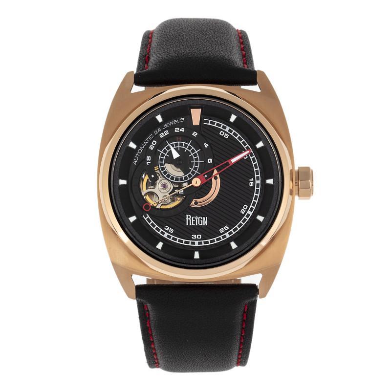 Reign Astro Semi-Skeleton Leather-Band Watch