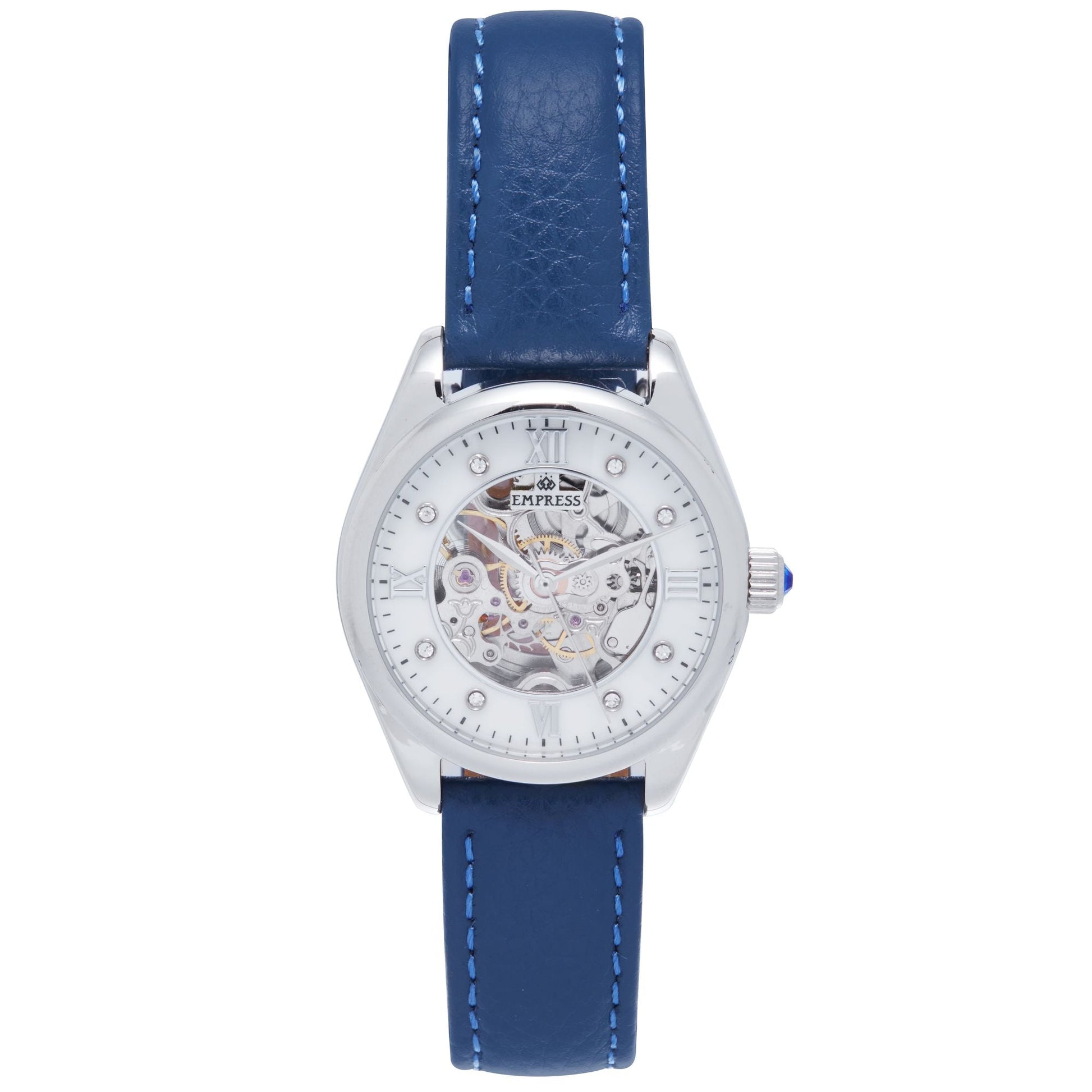 Empress Magnolia Automatic MOP Skeleton Dial Leather-Band Watch - Blue/Silver - EMPEM3604