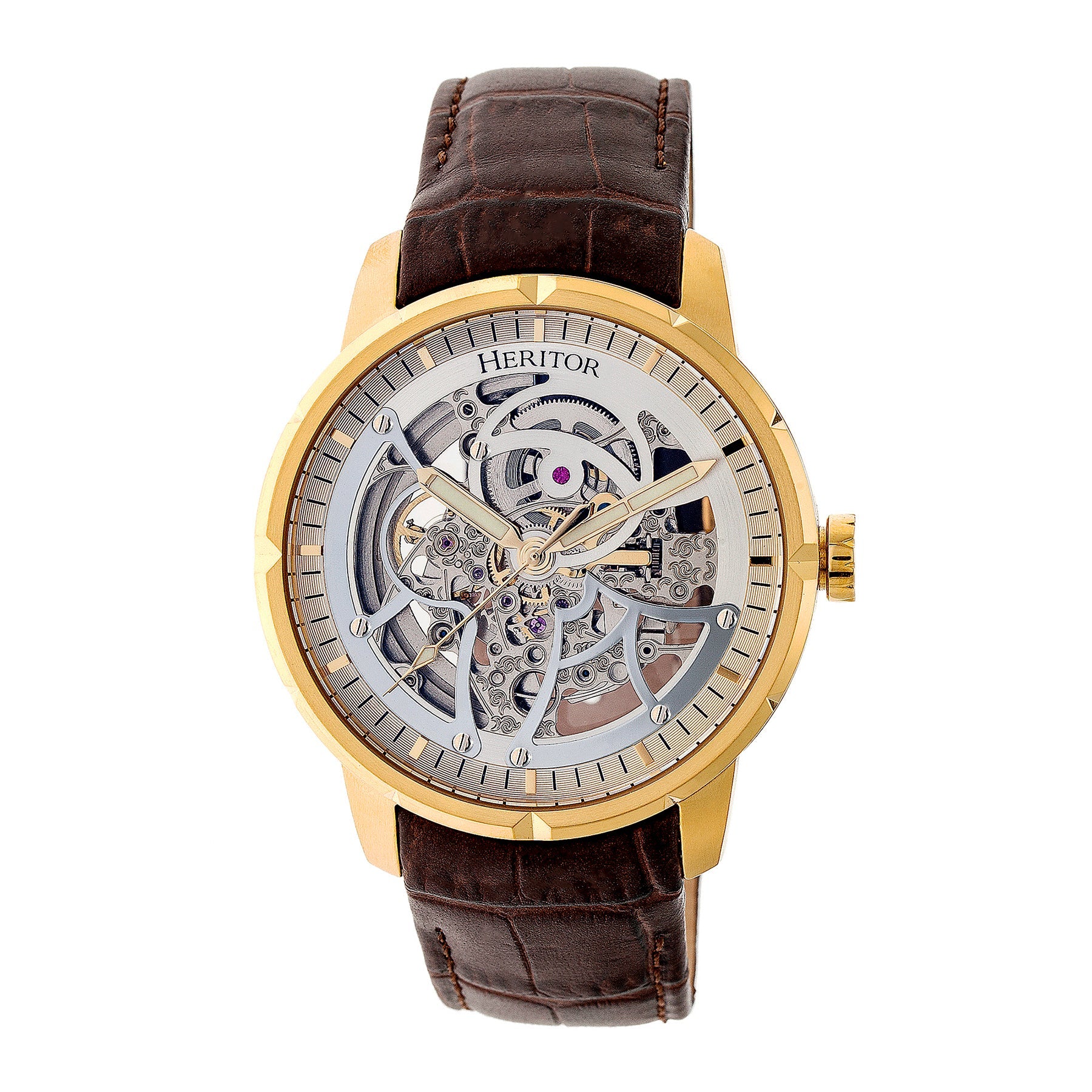 Heritor Automatic Ryder Skeleton Leather-Band Watch - Brown/Gold - HERHR4605