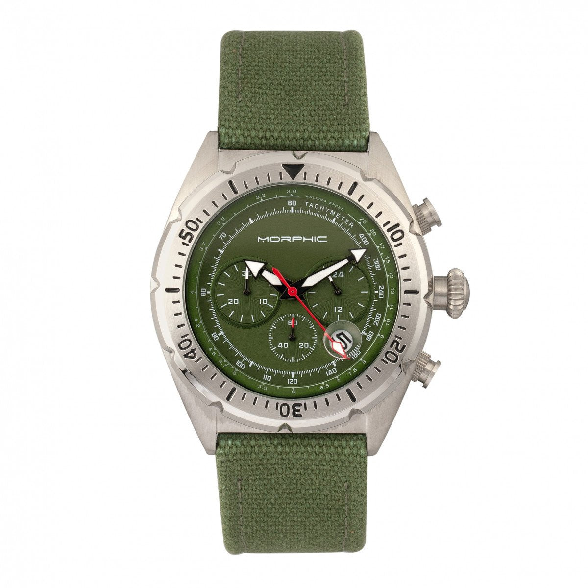 Morphic M53 Series Chronograph Fiber-Weaved Leather-Band Watch w/Date - Silver/Olive - MPH5302