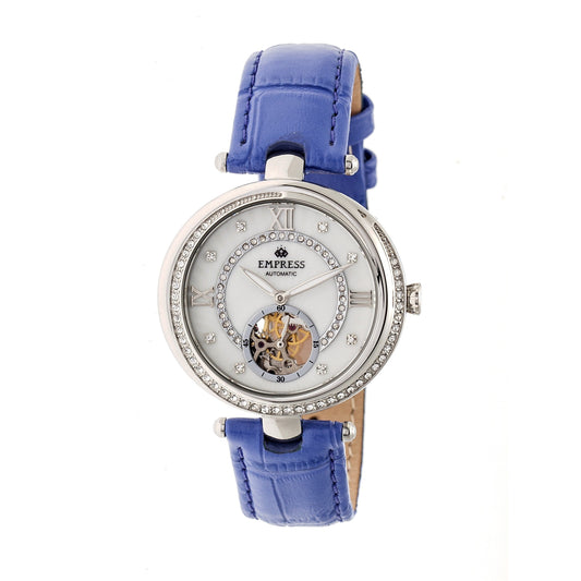 Empress Stella Automatic Semi-Skeleton MOP Leather-Band Watch - Purple/White - EMPEM2103