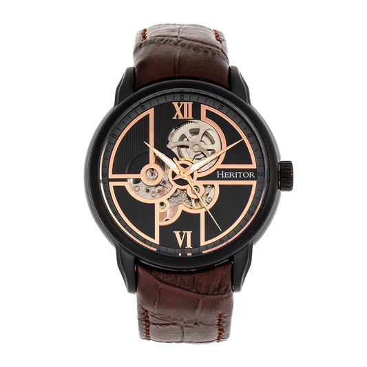 Heritor Automatic Sanford Semi-Skeleton Leather-Band Watch - Black/Brown - HERHR8306