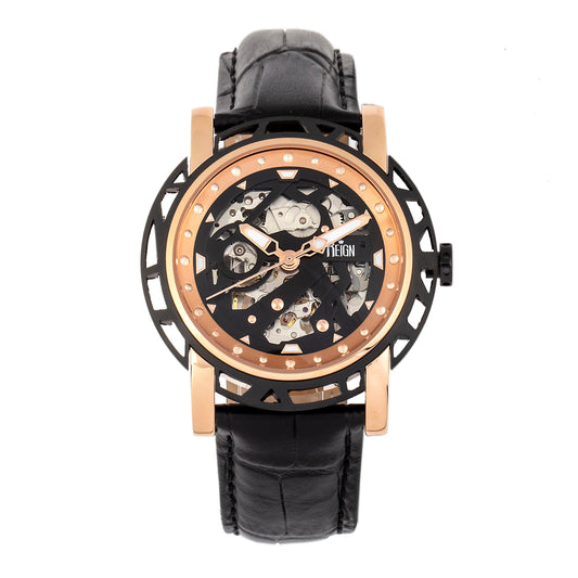 Reign Stavros Automatic Skeleton Leather-Band Watch - Rose Gold/Black - REIRN3706