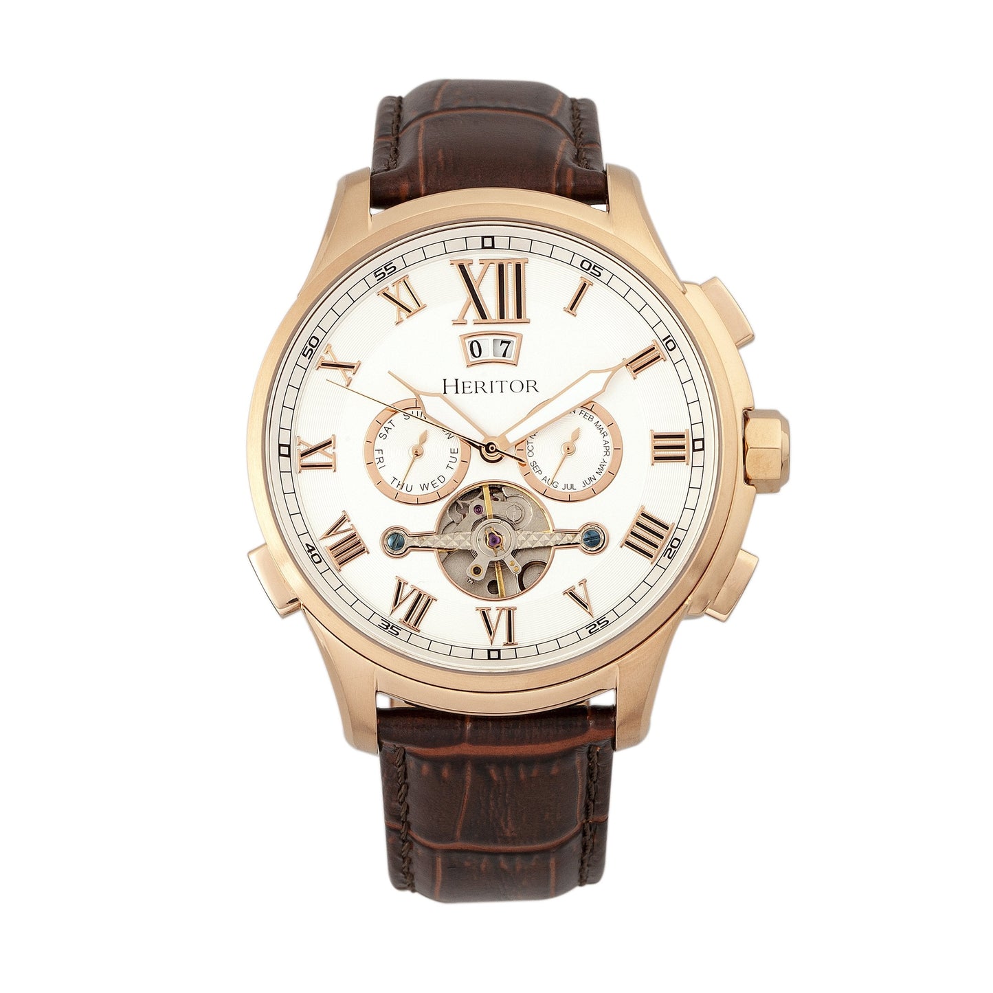 Heritor Automatic Hudson Semi-Skeleton Leather-Band Watch w/Day/Date - Brown/Rose Gold - HERHR7504