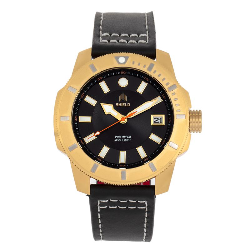 Shield Shaw Leather-Band Men's Diver Watch w/Date - Ruumur