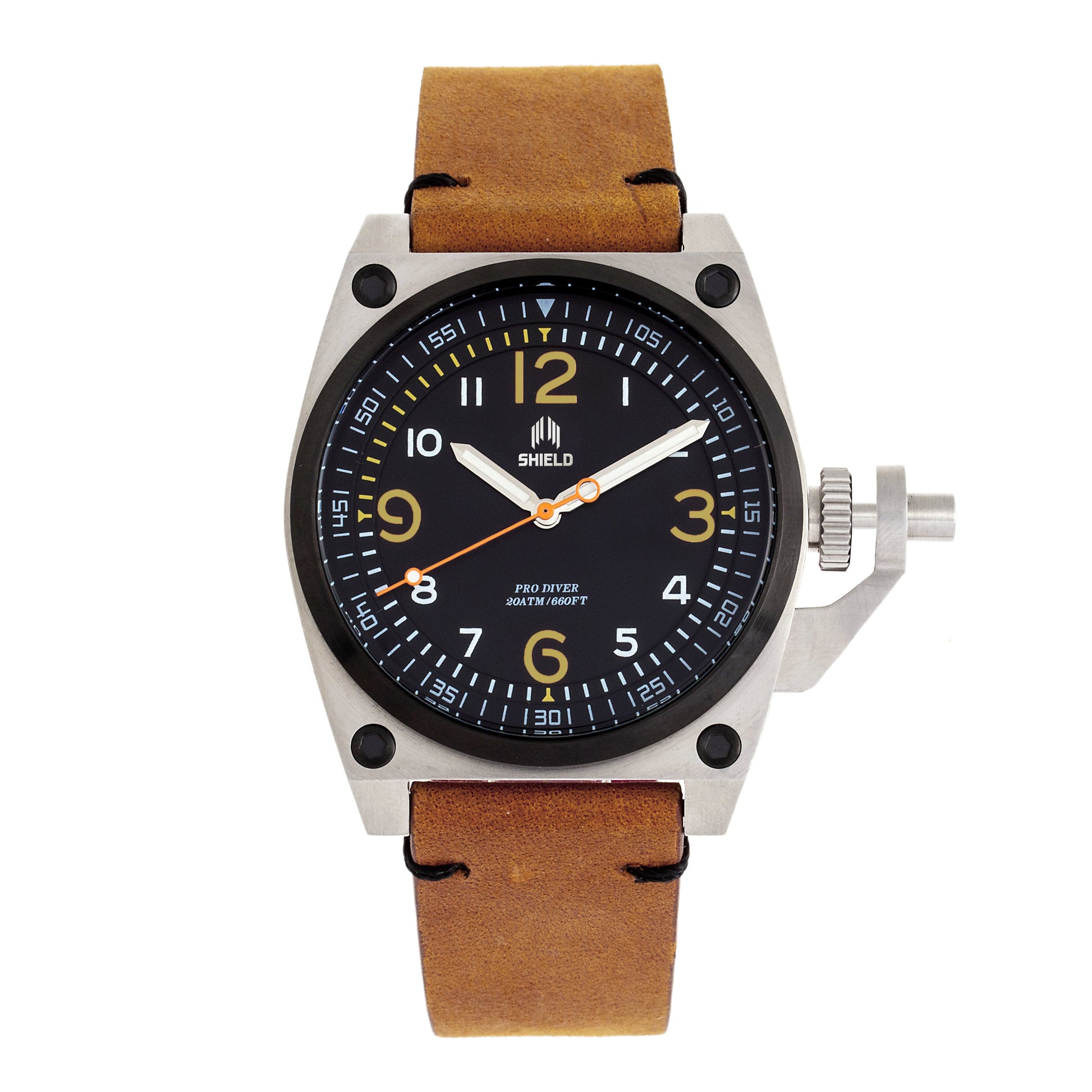 Shield Pascal Leather-Band Men's Diver Watch - Light Brown/Black - SLDSH102-7