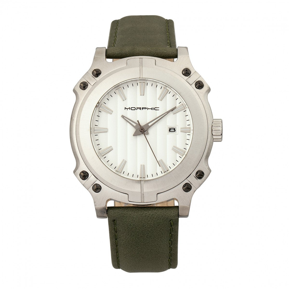 Morphic M68 Series Leather-Band Watch w/ Date - Silver/Olive - MPH6801