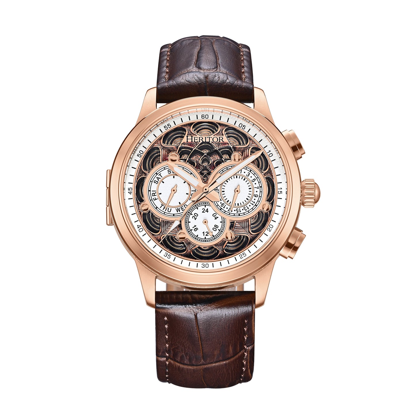 Heritor Automatic Apostle Leather Band Watch w/ Day-Date - Brown/Rose Gold - HERHS2705