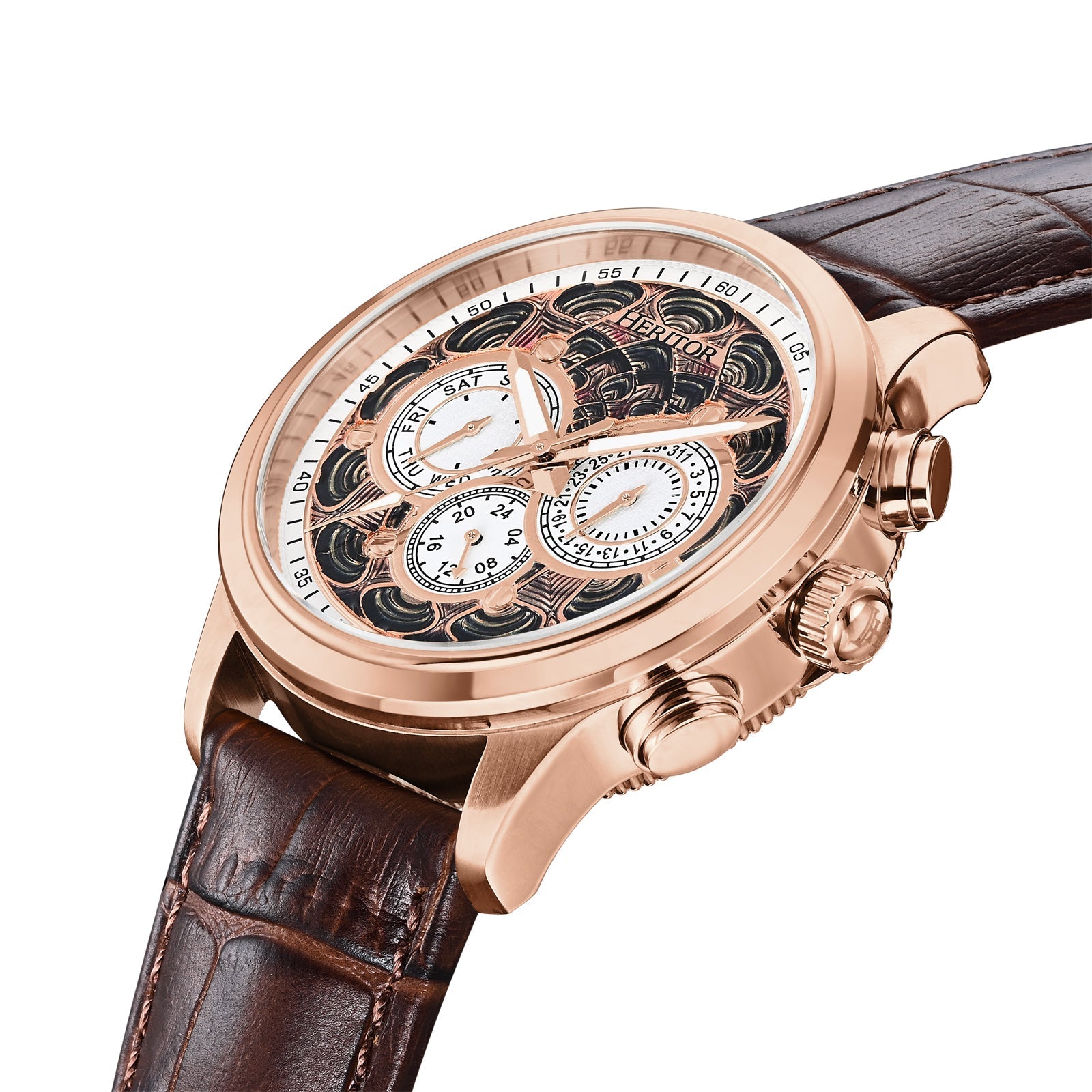 Heritor Automatic Apostle Leather Band Watch w/ Day-Date - Brown/Rose Gold - HERHS2705