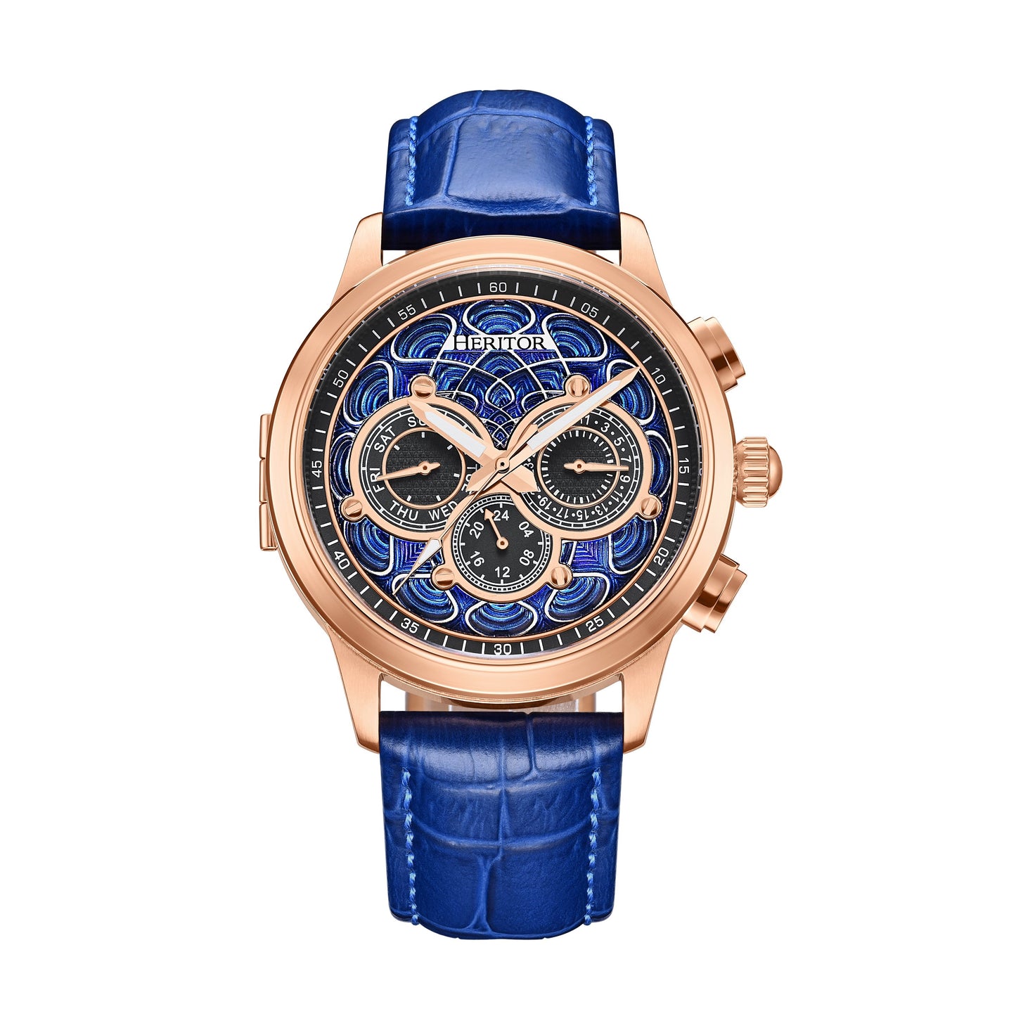 Heritor Automatic Apostle Leather Band Watch w/ Day-Date - Blue/Rose Gold - HERHS2707