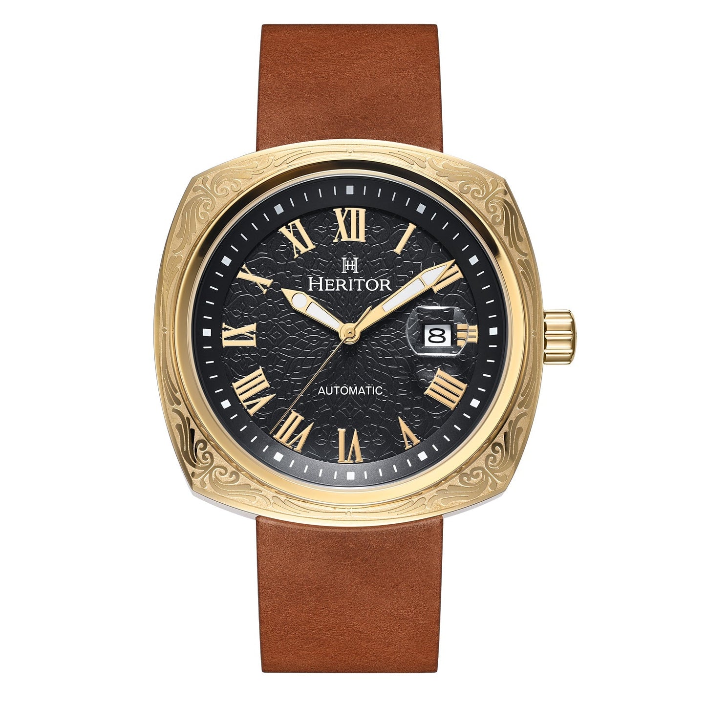 Heritor Automatic Davenport Engraved-Case Leather-Band Watch w/ Date - Gold/Brown - HERHS3203