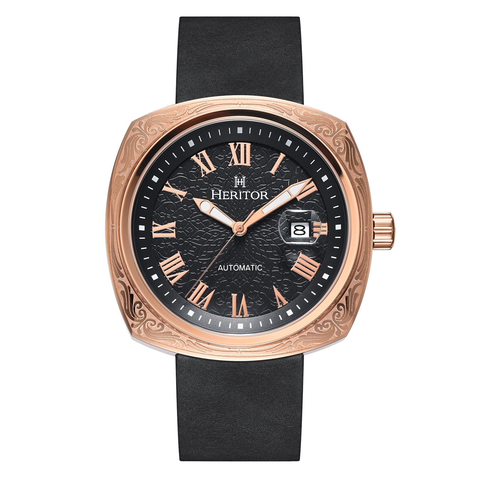 Heritor Automatic Davenport Engraved-Case Leather-Band Watch w/ Date - Rose Gold/Black - HERHS3205