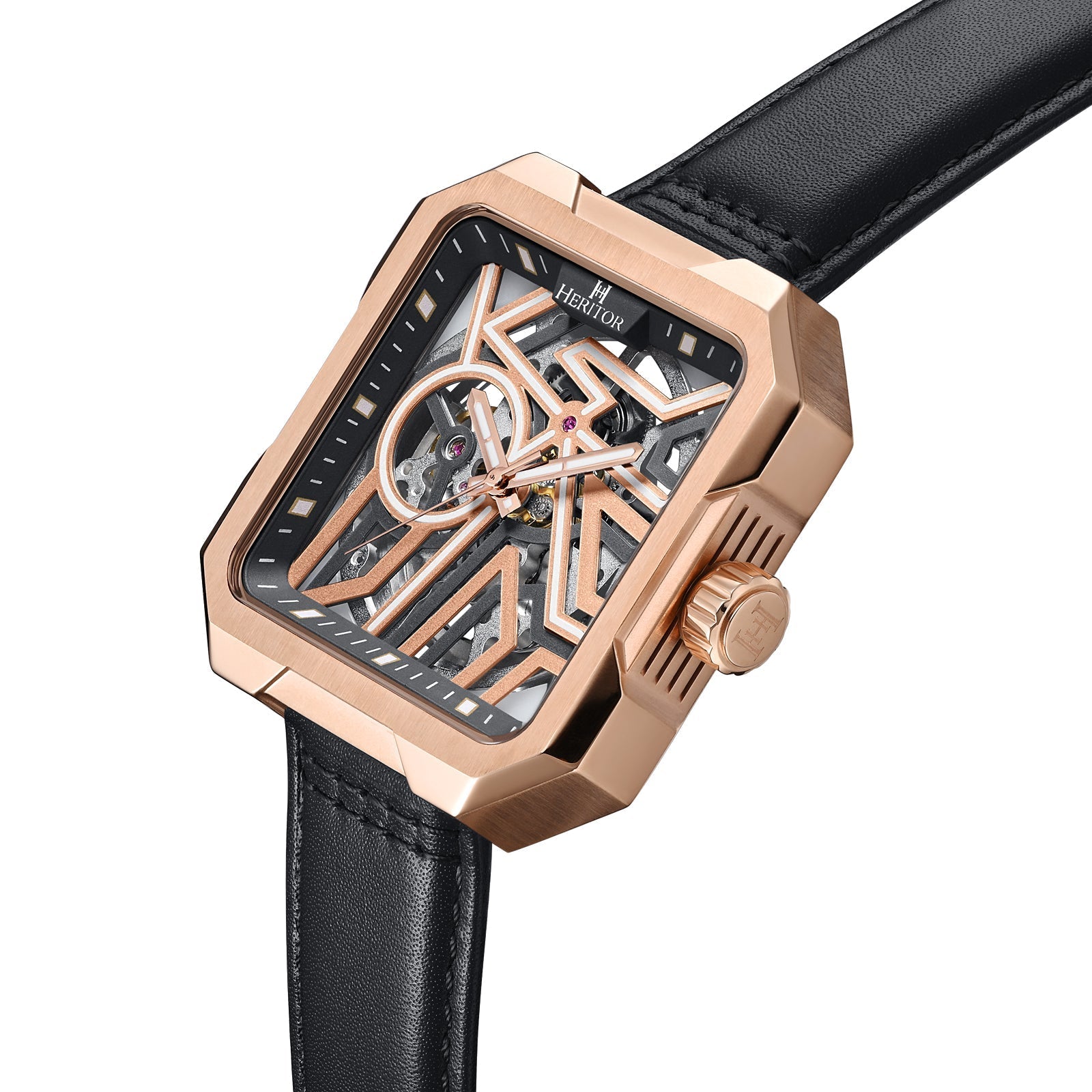 Heritor Automatic Campbell Leather-Band Skeleton Watch - Rose Gold/Black - HERHS3303