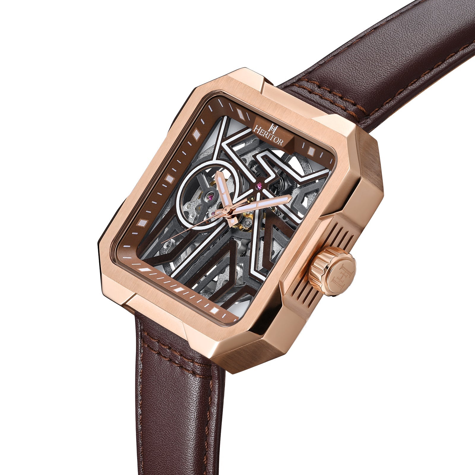 Heritor Automatic Campbell Leather-Band Skeleton Watch - Rose Gold/Brown - HERHS3304