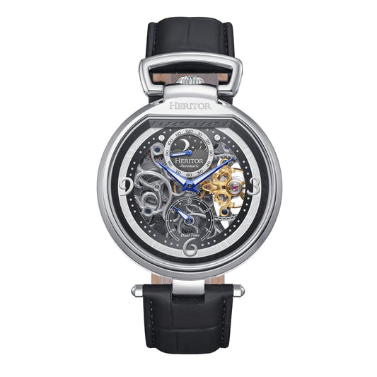 Heritor Automatic Lincoln Semi-Skeleton Leather-Band Watch - Silver & Black/Black - HERHS3601