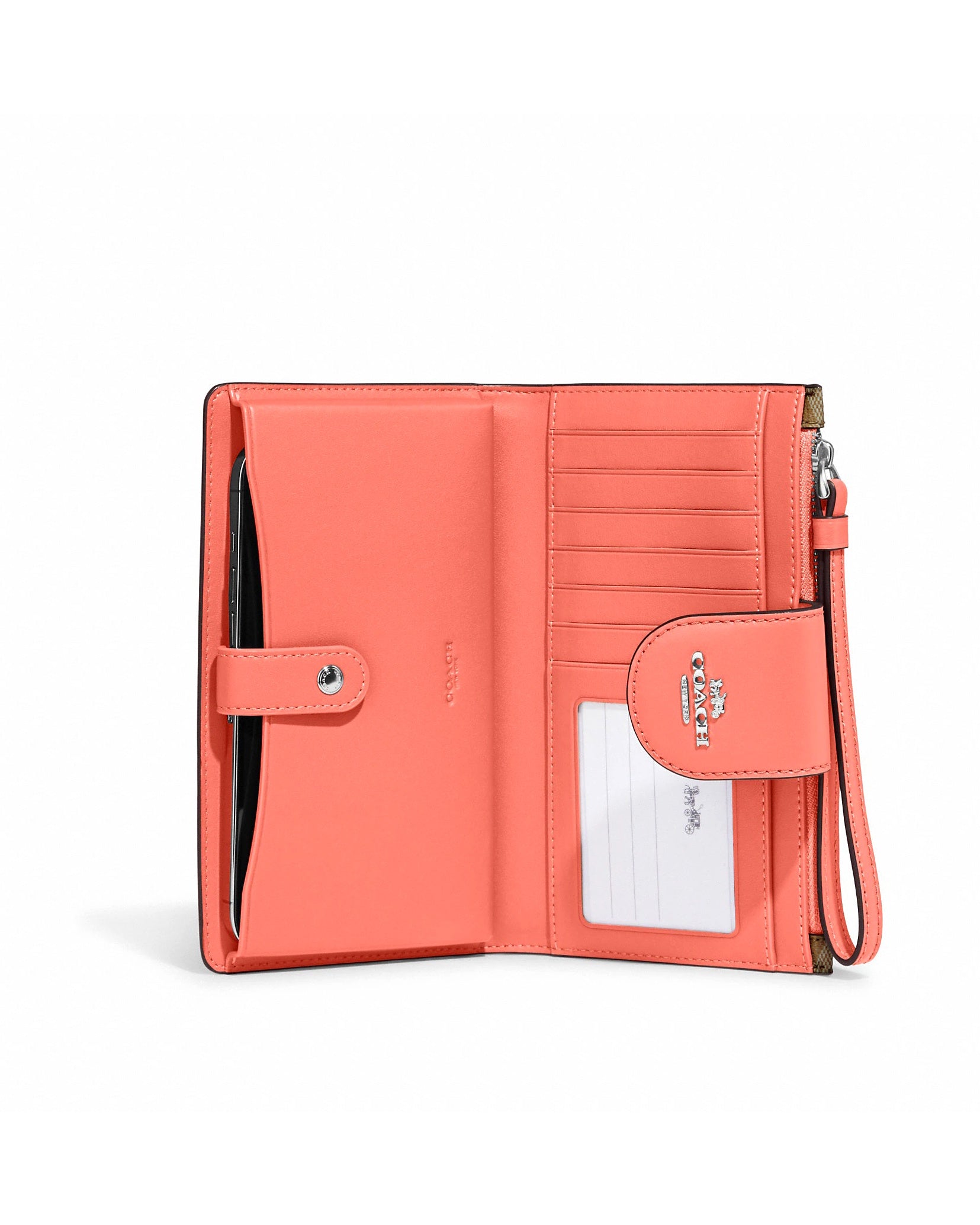 title:Coach Women's Tech Wallet In Colorblock Signature Canvas;color:Khaki / Tangerine