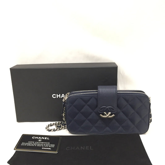 Pre-Owned Chanel Navy Leather Double Zippy Wallet On Chain Crossbody Bag Sku# 81368