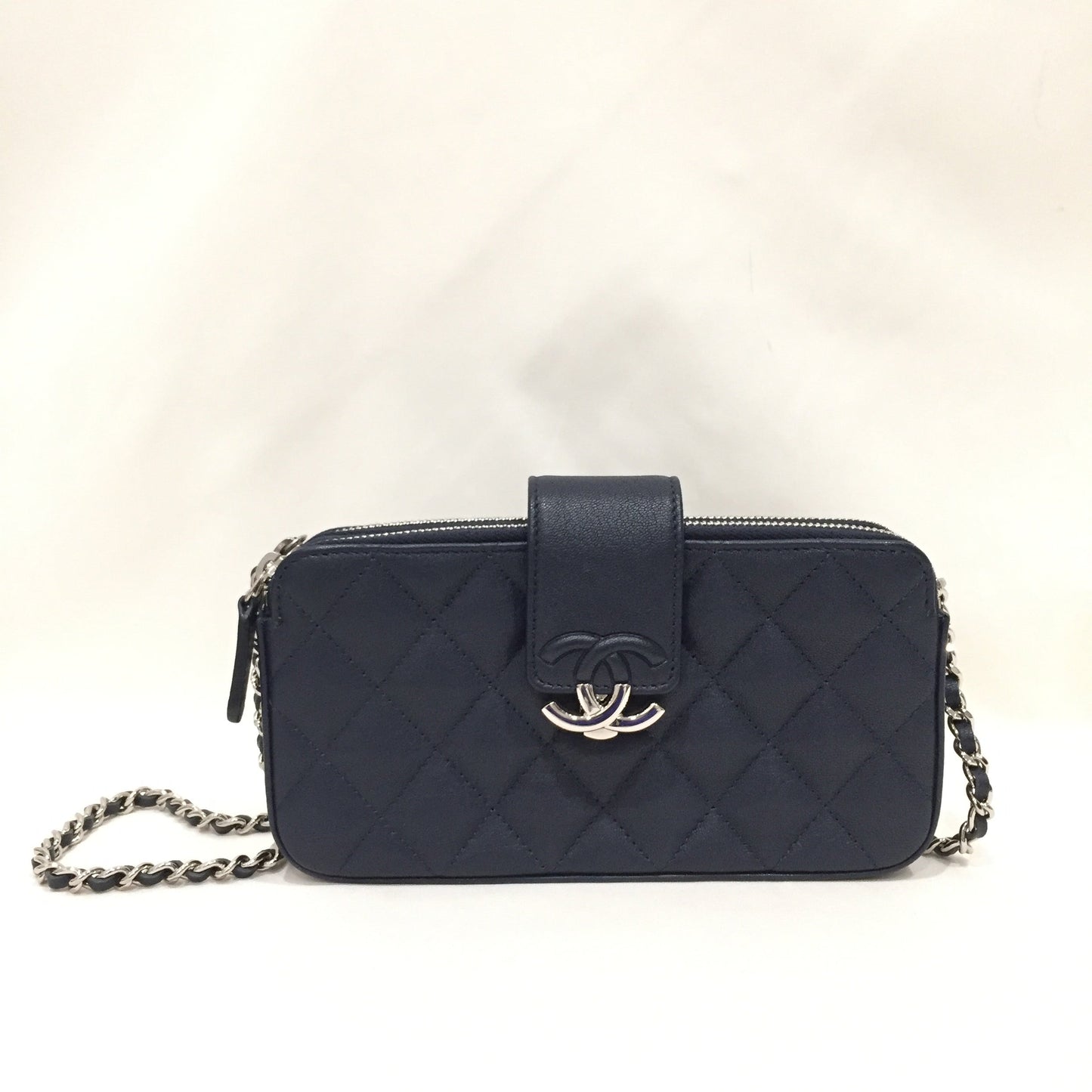 Pre-Owned Chanel Navy Leather Double Zippy Wallet On Chain Crossbody Bag Sku# 81368