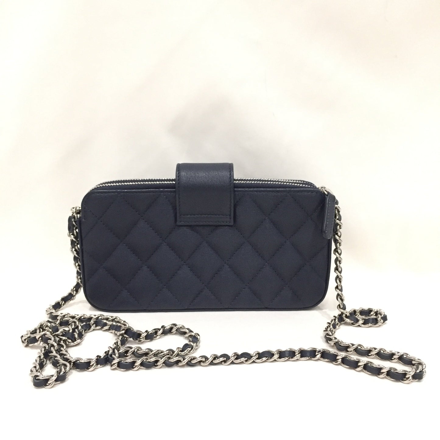 Pre-Owned Chanel Navy Leather Double Zippy Wallet On Chain Crossbody Bag Sku# 81368