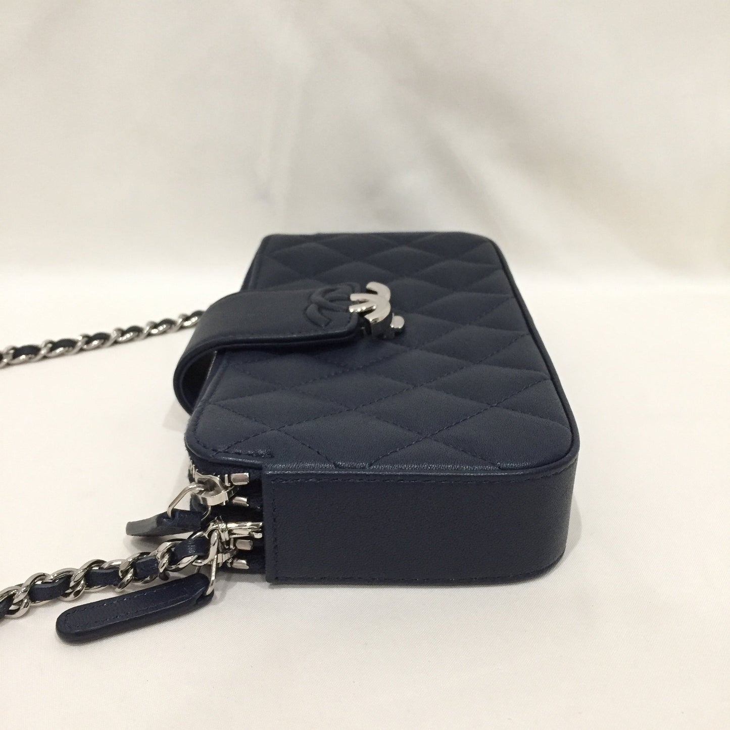 Pre-Owned Chanel Navy Leather Double Zippy Wallet On Chain Crossbody Bag Sku# 81368