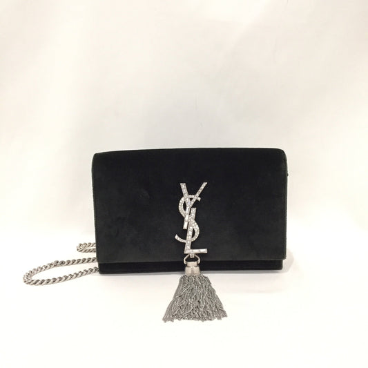 Pre-Owned Yves Saint Laurent Black Velvet Crystal Logo Wallet On Chain Crossbody Bag Sku# 81381