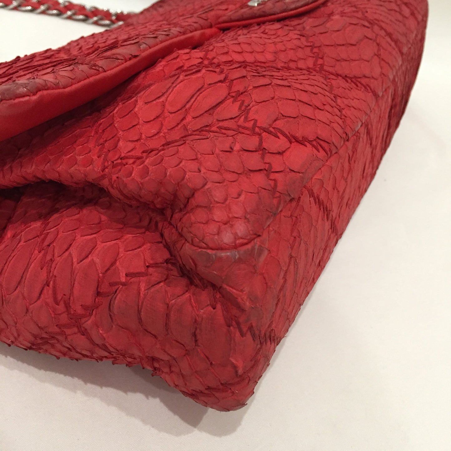 Pre-Owned Chanel Red Python Leather Quilted Chain Shoulder Bag Sku# 80999