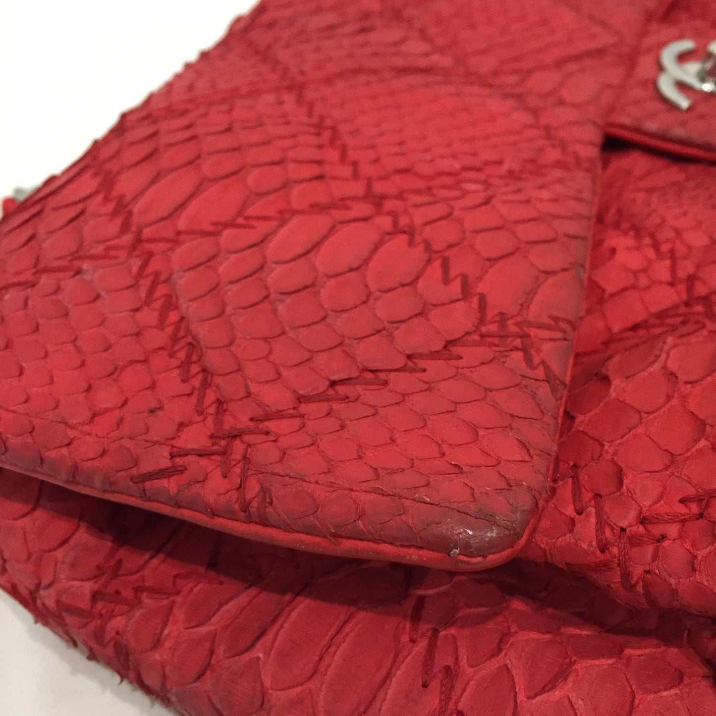 Pre-Owned Chanel Red Python Leather Quilted Chain Shoulder Bag Sku# 80999