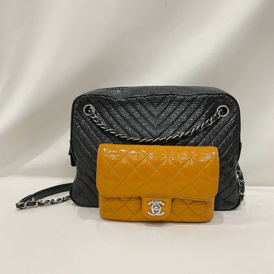 Pre-Owned Chanel Black Yellow Patent Paris-Hamburg Double Camera Shoulder Bag Sku# 80231