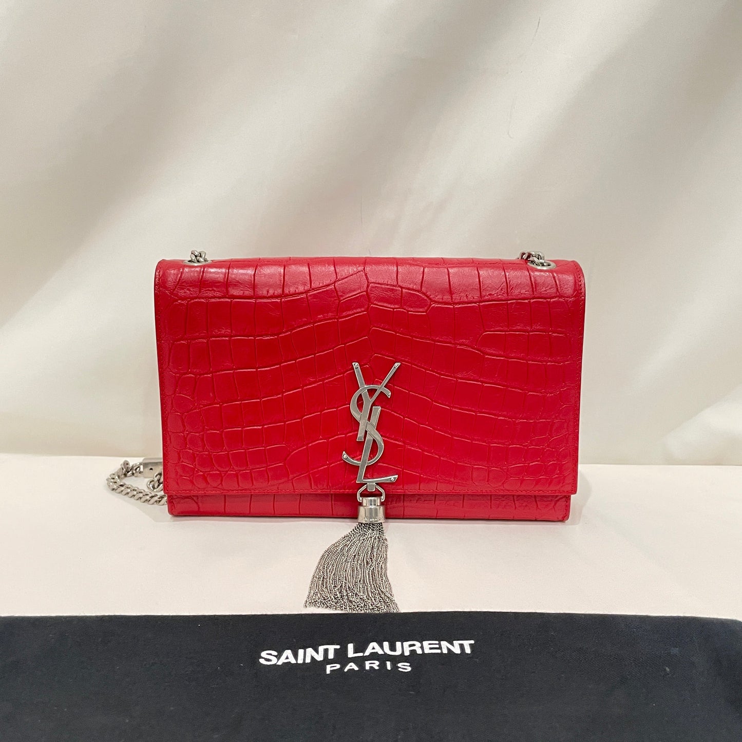 Pre-Owned Yves Saint Laurent Red Croc Leather Tassel Kate Crossbody Bag Sku#80769