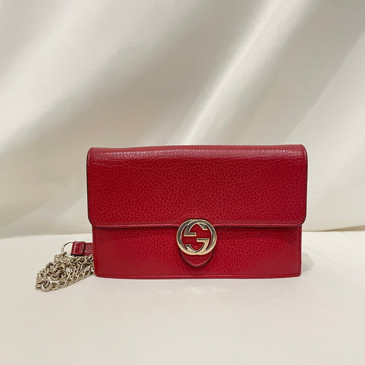 Pre-Owned Gucci Red Calfskin Interlocking G Wallet On Chain Crossbody Bag Sku# 80868